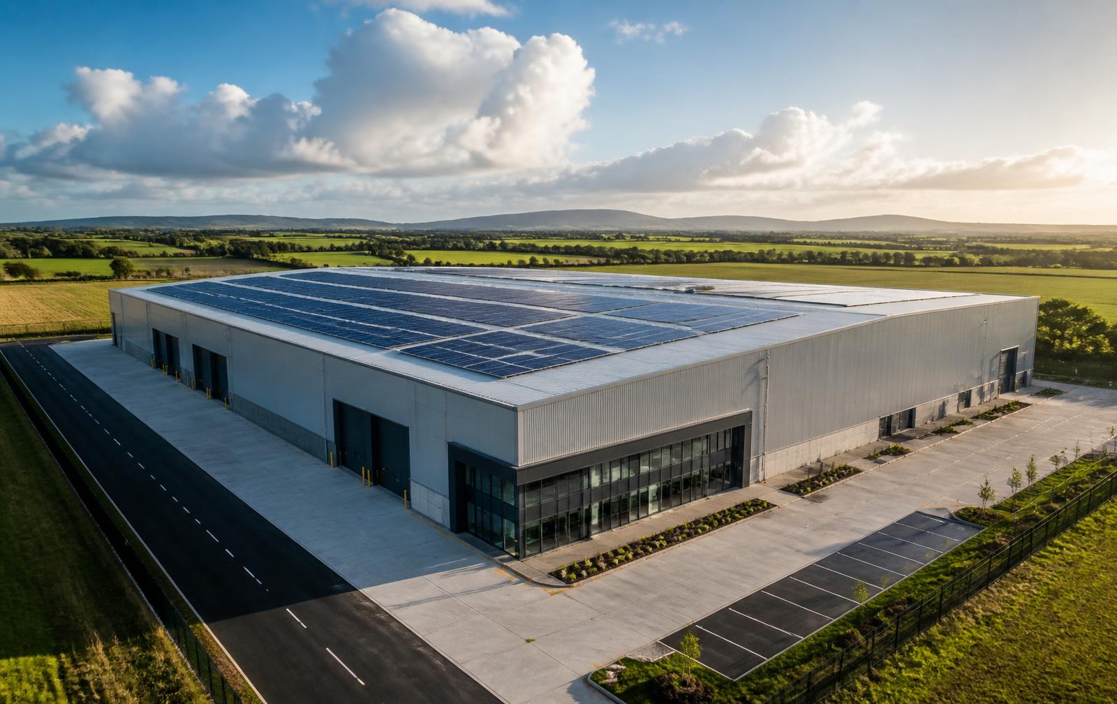 Large commercial warehouse in Ireland with rooftop solar panels